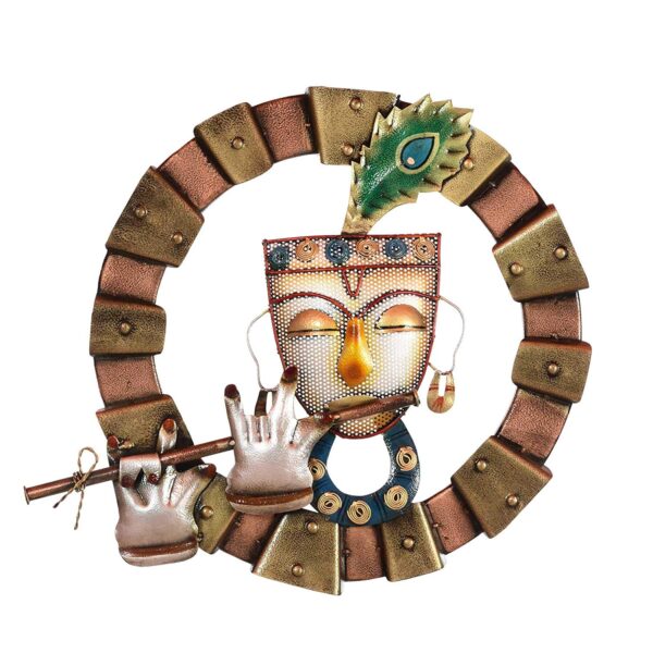 Collectible India Metal Lord Krishna Wall Mounted & Hanging Art Decor Playing Flute Krishan Sculpture For Home Living Room Bedroom(Size 21 X 19 Inches)