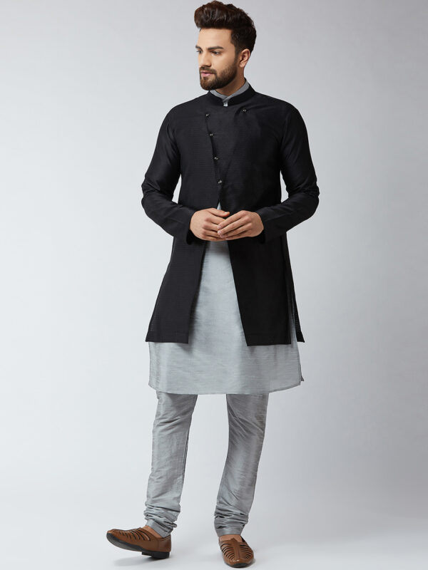 Men Grey & Black Self Design Kurta With Churidar