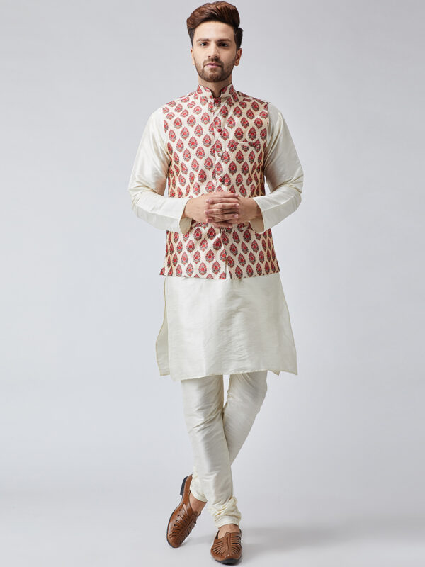 Men Off-White & Maroon Self Design Kurta With Churidar & Nehru Jacket